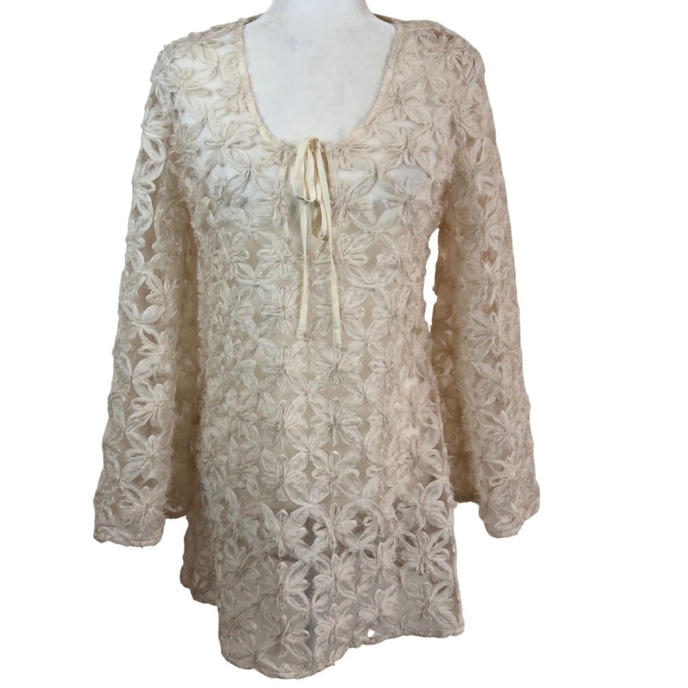 NWT Storia Women's S Cream Mini Dress Mesh Bell Sleeve V-Neck Fairycore KY Derby